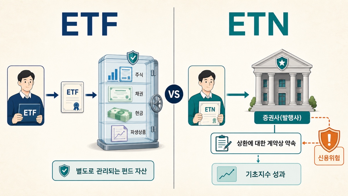 ETF의 별도 펀드재산과 ETN의 발행사 상환 약속 및 신용위험을 나란히 비교한 구조도