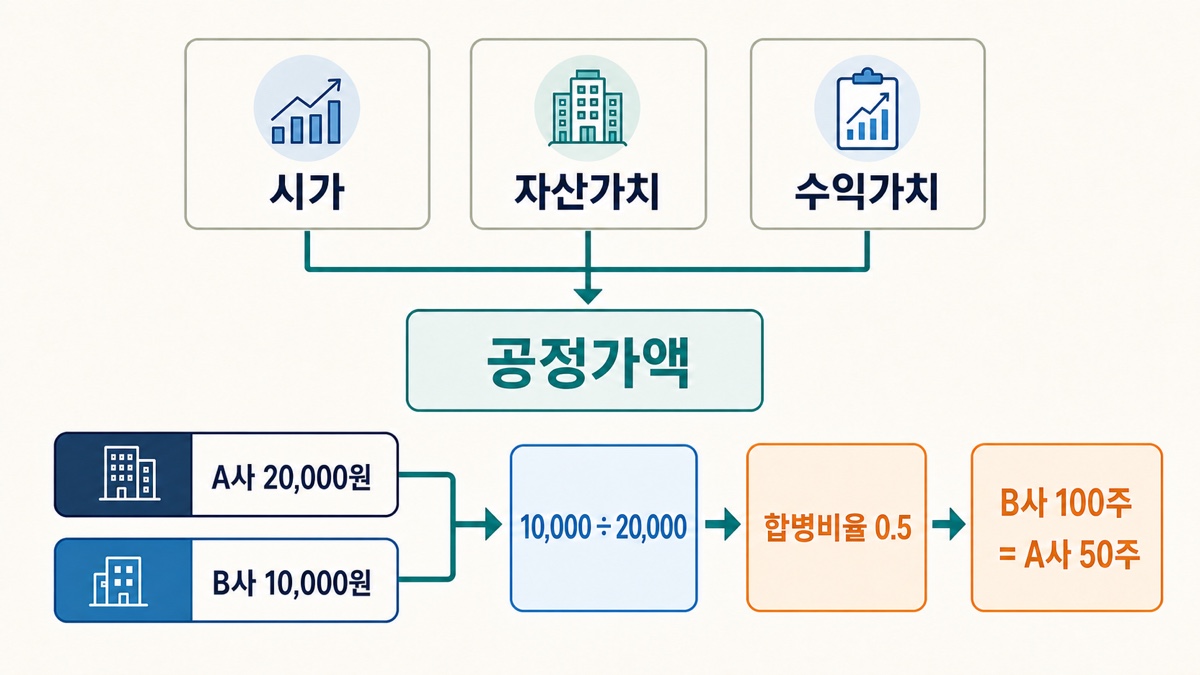 시가·자산가치·수익가치를 종합한 공정가액과 두 회사의 합병가액으로 합병비율을 계산하는 흐름