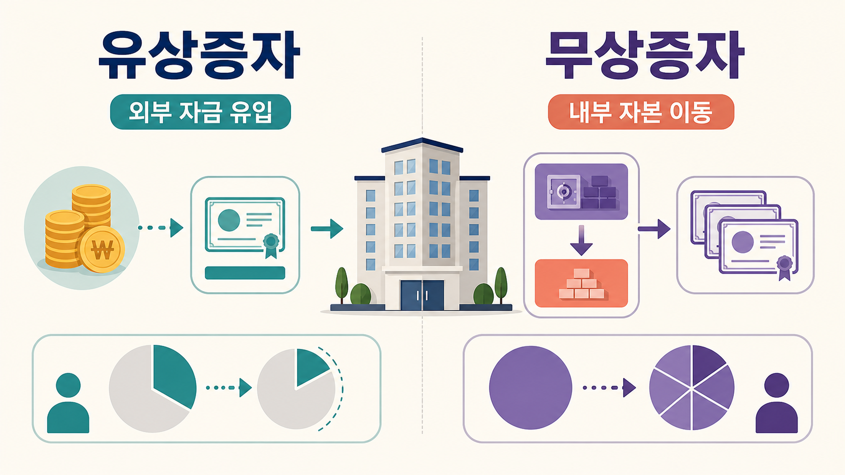 유상증자의 외부 자금 유입과 지분 희석 가능성, 무상증자의 내부 자본 이동과 주식 수 증가를 비교한 설명 그림