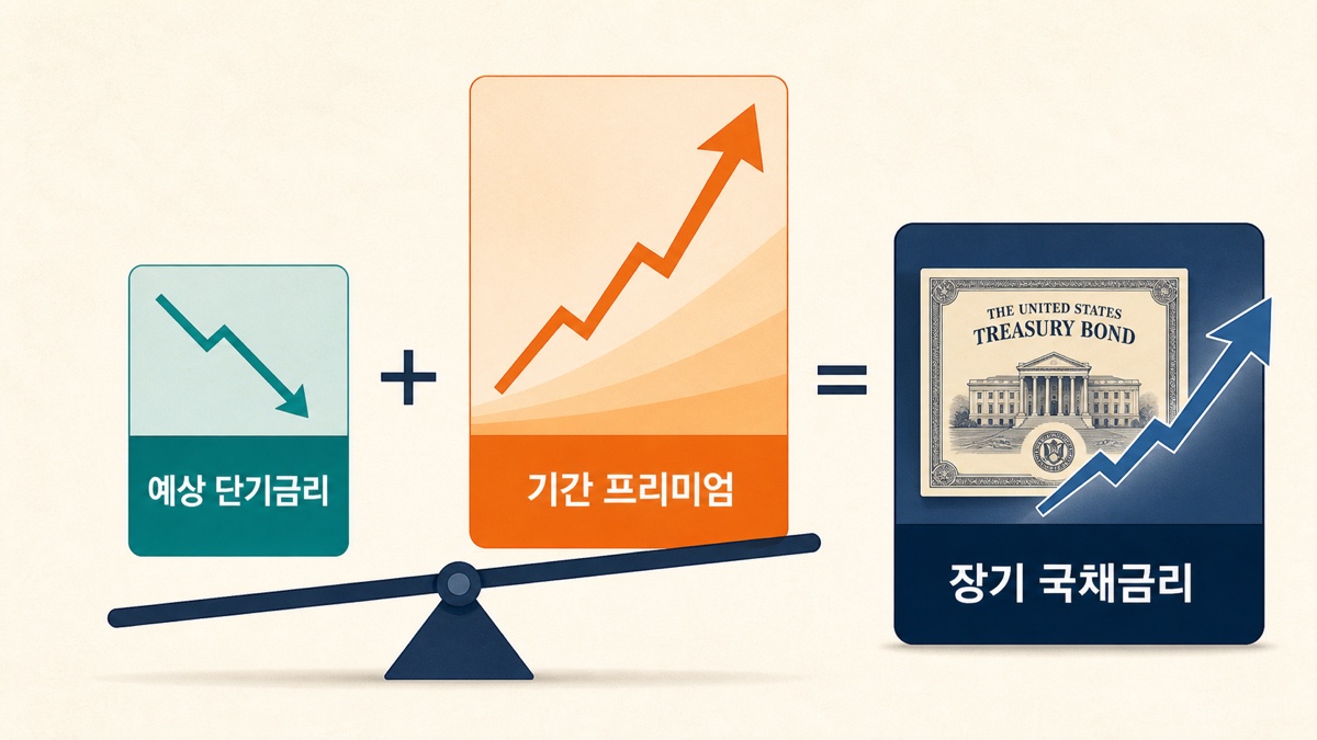 예상 단기금리가 내려가도 기간 프리미엄이 더 크게 오르면 장기 국채금리가 상승할 수 있음을 보여 주는 기간 프리미엄 개념도