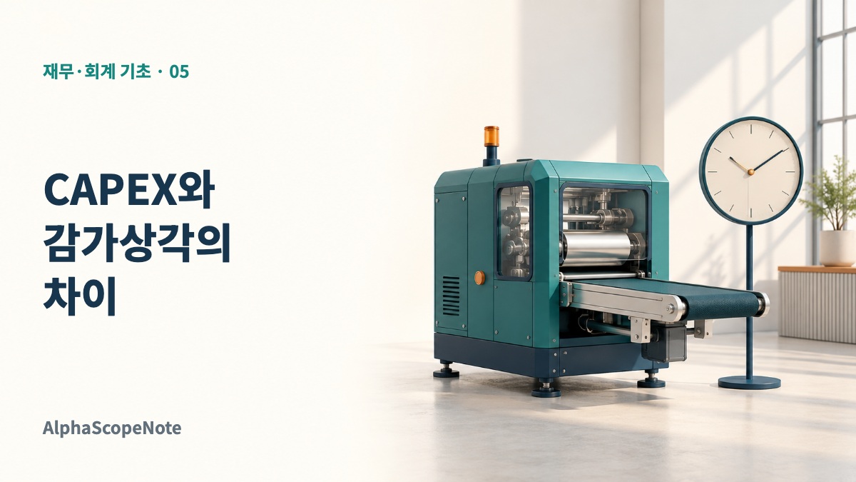 생산설비와 시계로 CAPEX와 감가상각의 투자·사용 시간 차이를 표현한 표지