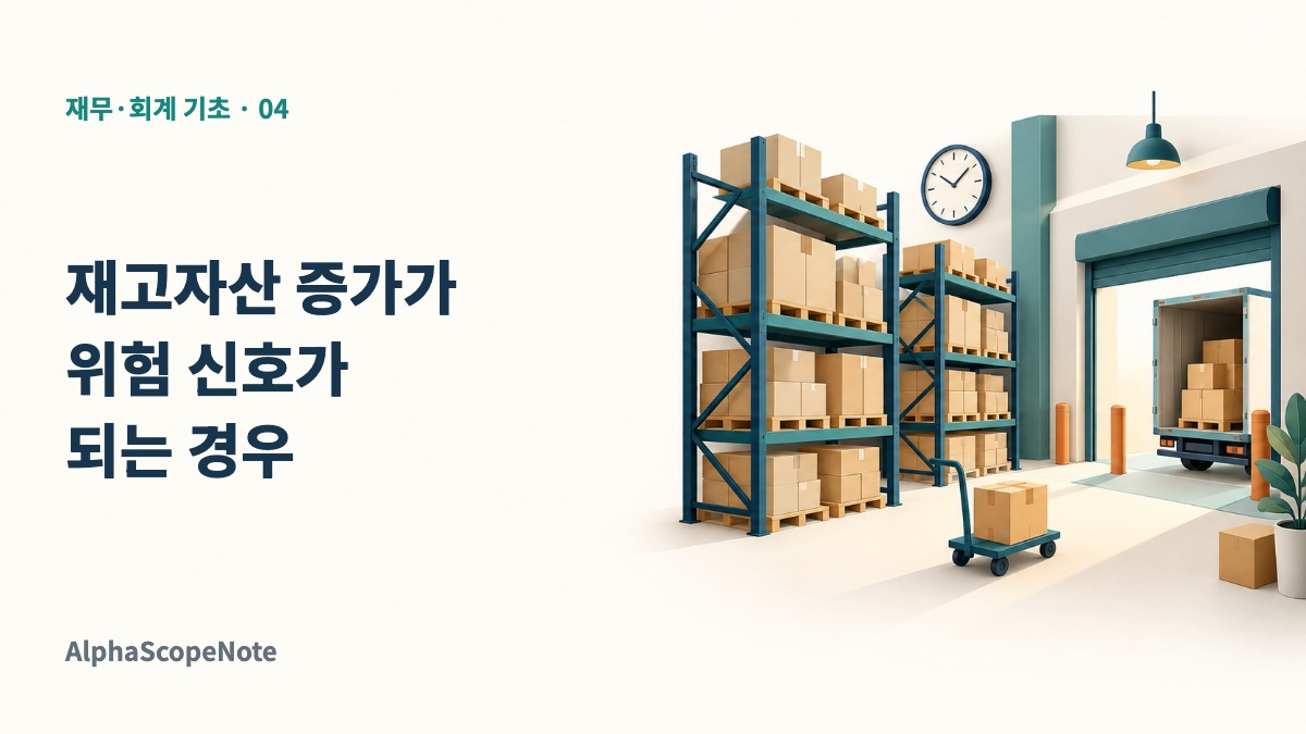 재고자산이 쌓인 창고 선반과 출하 구역, 시계로 재고의 판매와 보유기간을 표현한 표지