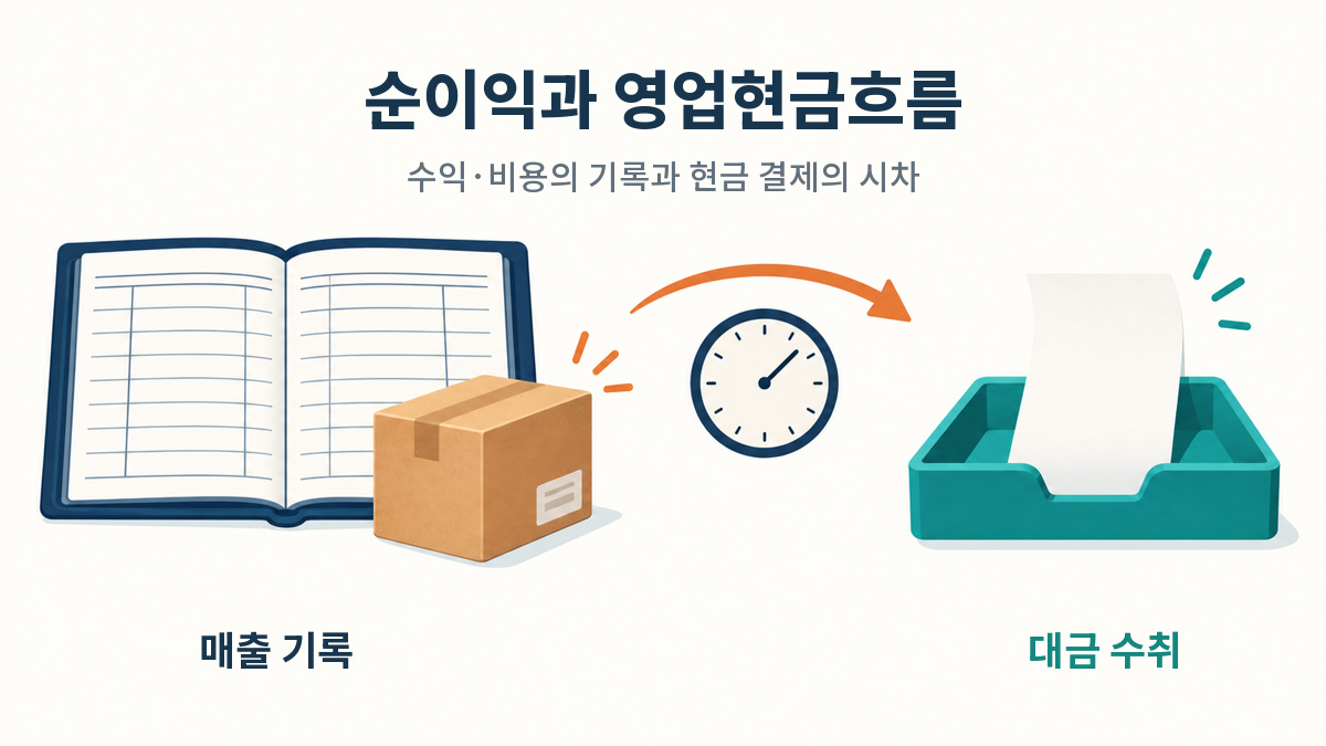 장부에 수익을 기록하는 시점과 대금을 받는 시점을 연결한 순이익과 영업현금흐름 개념도