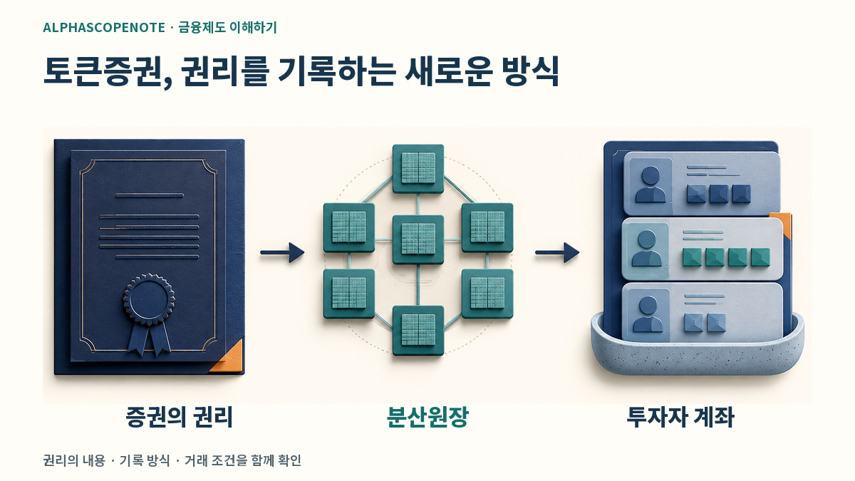 토큰증권의 증권 권리를 분산원장에 기록하고 투자자 계좌에서 관리하는 흐름