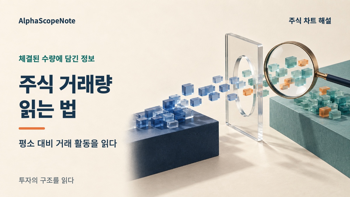 주식의 손바뀜을 투명한 블록의 이동과 이를 관찰하는 확대경으로 표현한 주식 거래량 읽는 법 표지