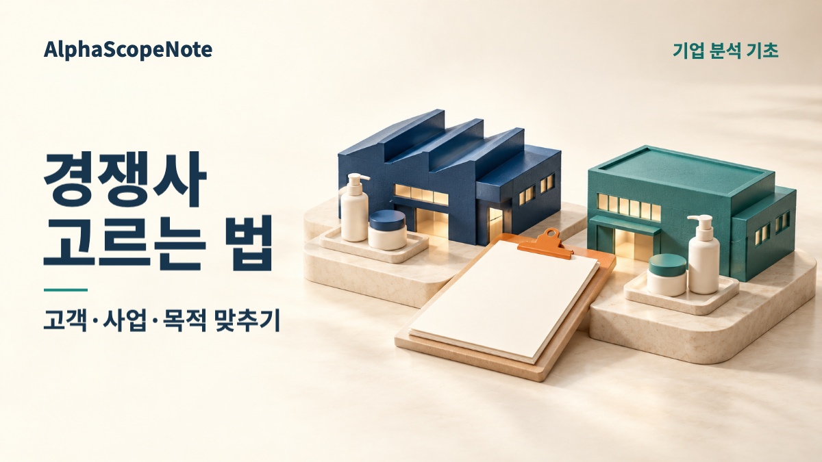경쟁사 고르는 법이라는 큰 제목과 비슷한 화장품을 생산하는 남색·청록 제조사 두 곳, 공통 주문서를 상징한 클립보드.