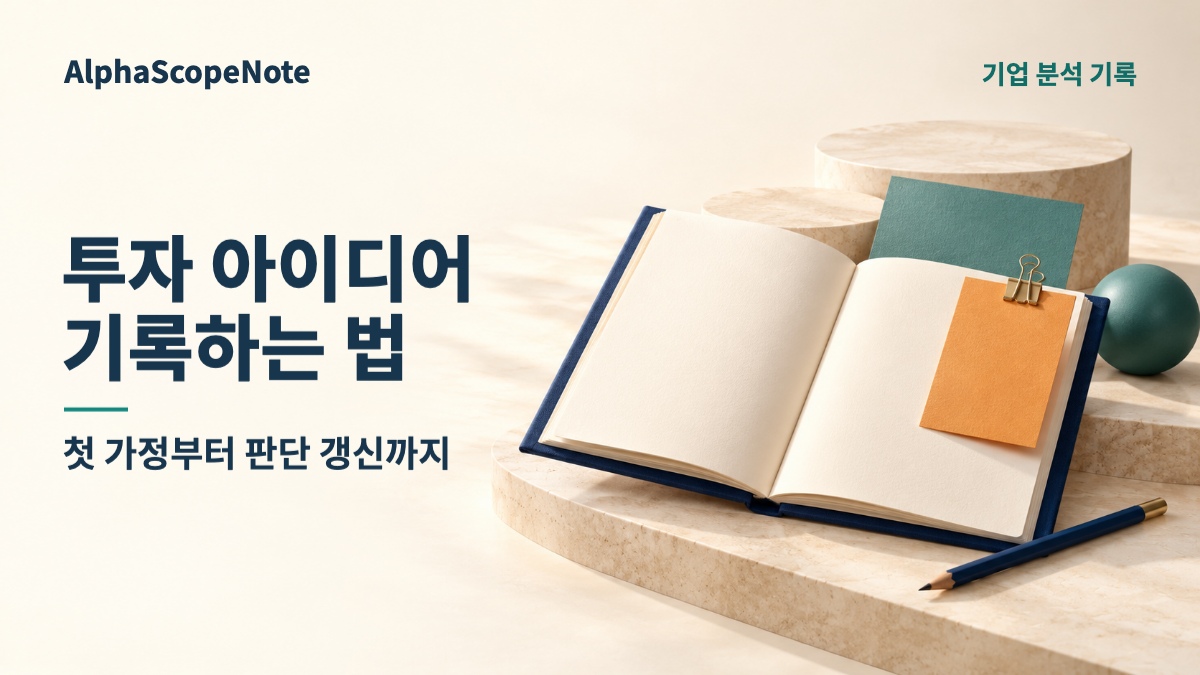 투자 아이디어 기록하는 법 제목과 최초 메모를 보관한 연구 노트, 새 점검을 상징하는 주황 쪽지를 배치한 표지.