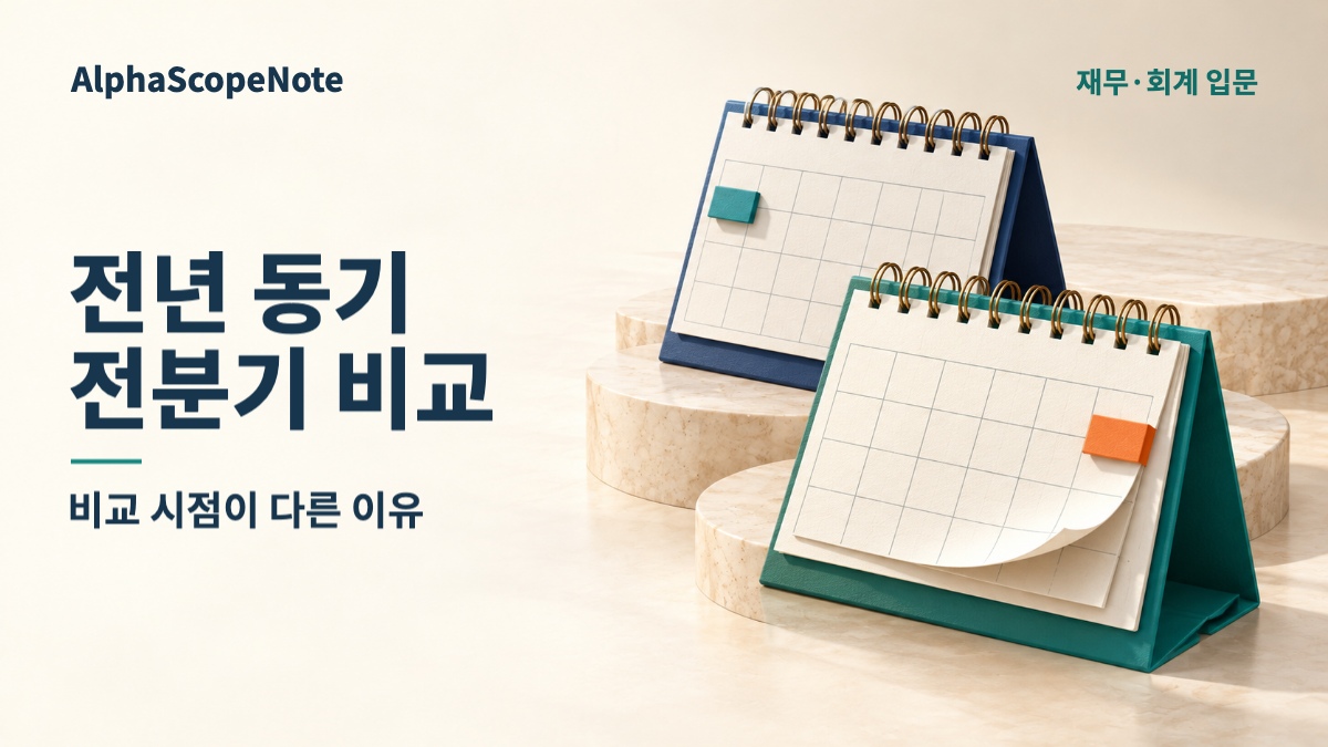 전년 동기·전분기 비교라는 큰 제목과 서로 다른 비교 시점을 상징하는 남색·청록 탁상 달력 두 개.